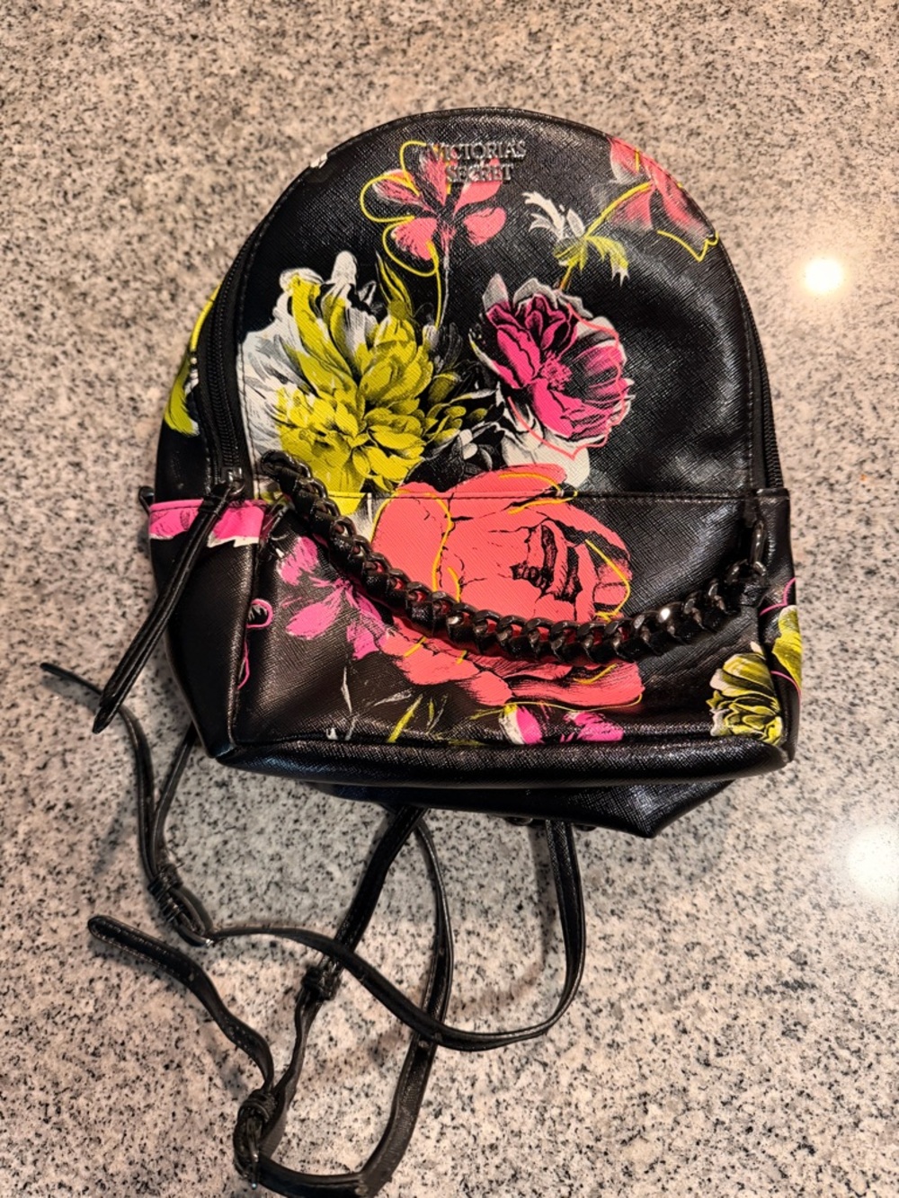 Victoria's Secret Black Floral Mini Backpack with Pink & Yellow Accents